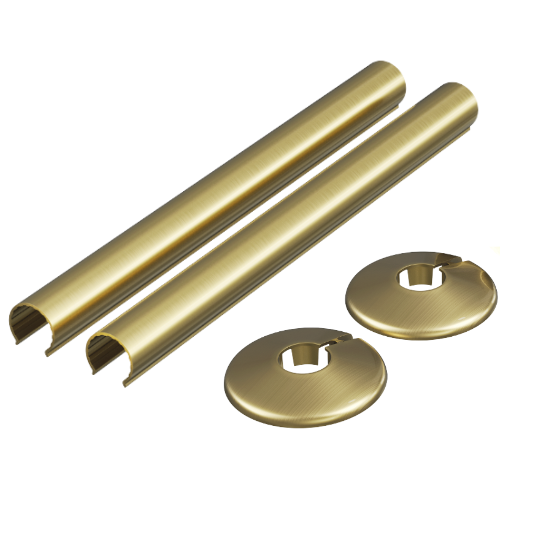 Brushed brass radiator pipe sleeves with collars, 2 pack