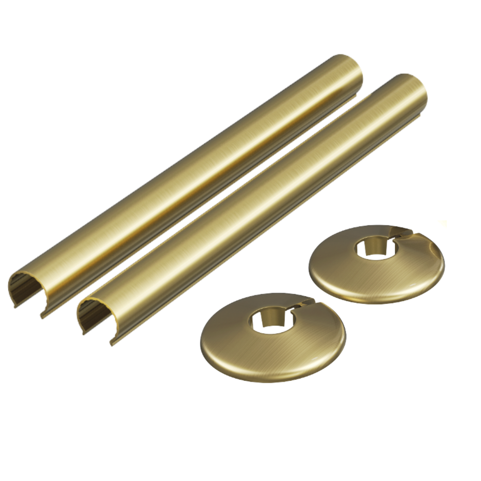 Brushed brass radiator pipe sleeves with collars, 2 pack