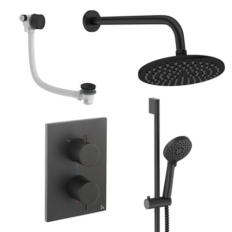 Matte black shower set with fixed head, handheld handset, and thermostatic valve