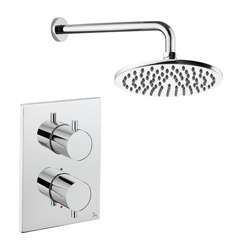 Chrome thermostatic shower valve with overhead rain shower head and concealed controls