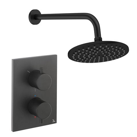 Matt black thermostatic shower valve with overhead rain shower head and concealed controls