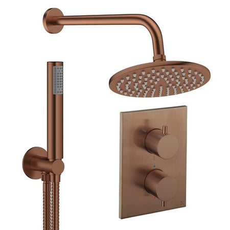 Brushed bronze thermostatic shower set with rain head, shower rail, and concealed dual knobs.