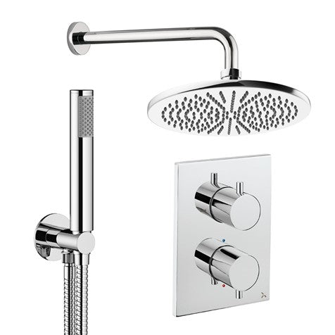 Chrome shower set with 300mm rain head, wall mixer, and handheld shower hose