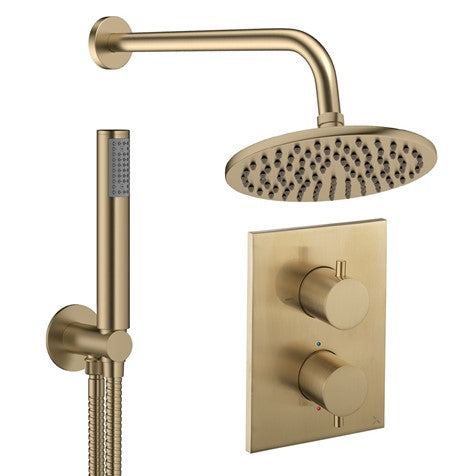 Brushed brass thermostatic shower set with rain head, vertical rail, and concealed valve.