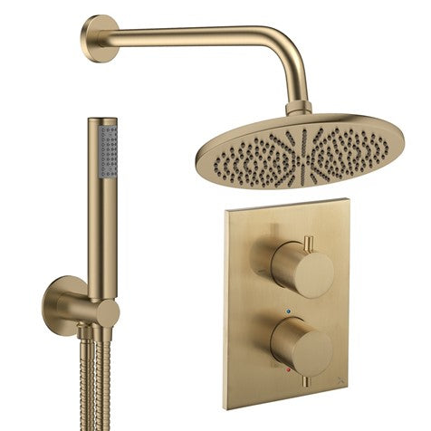 Brushed brass shower set with 300mm rain head, wall mixer, and handheld shower hose