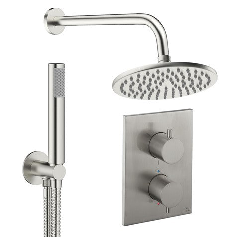 Brushed nickel thermostatic shower set with rain head, shower rail, and concealed dual knobs.