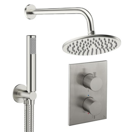 Brushed nickel thermostatic shower set with rain head, shower rail, and concealed dual knobs.