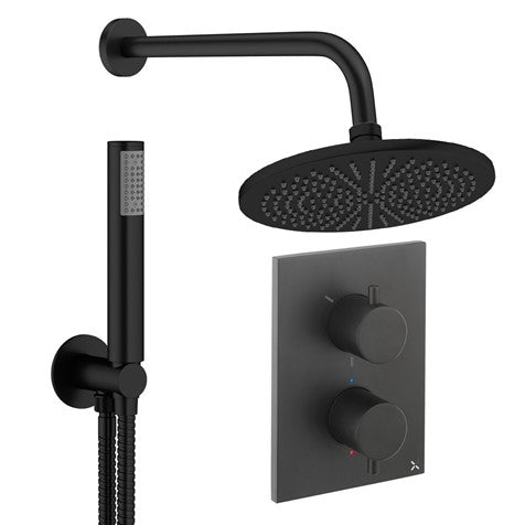 Matt black shower set with 300mm rain head, wall mixer, and handheld shower hose