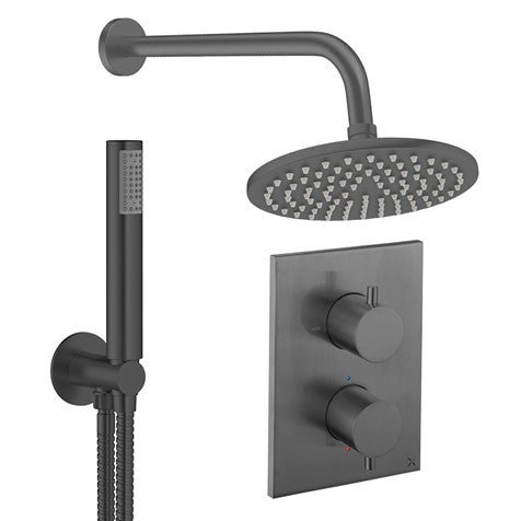 Slate thermostatic shower set with rain head, shower rail, and concealed dual control.