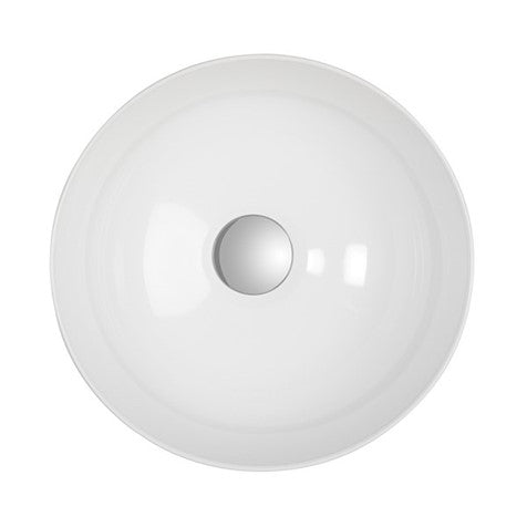 Round countertop basin top view, white ceramic with chrome drain opening