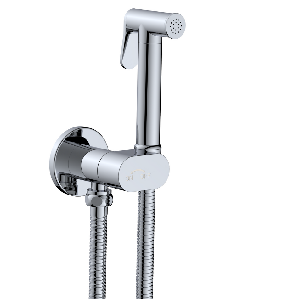 Chrome round bidet douche kit with handheld sprayer, hose, and shut-off valve