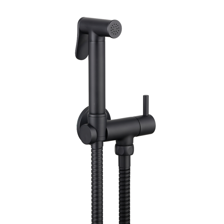 Matte black handheld shower douche with twin hoses and integrated isolator valve