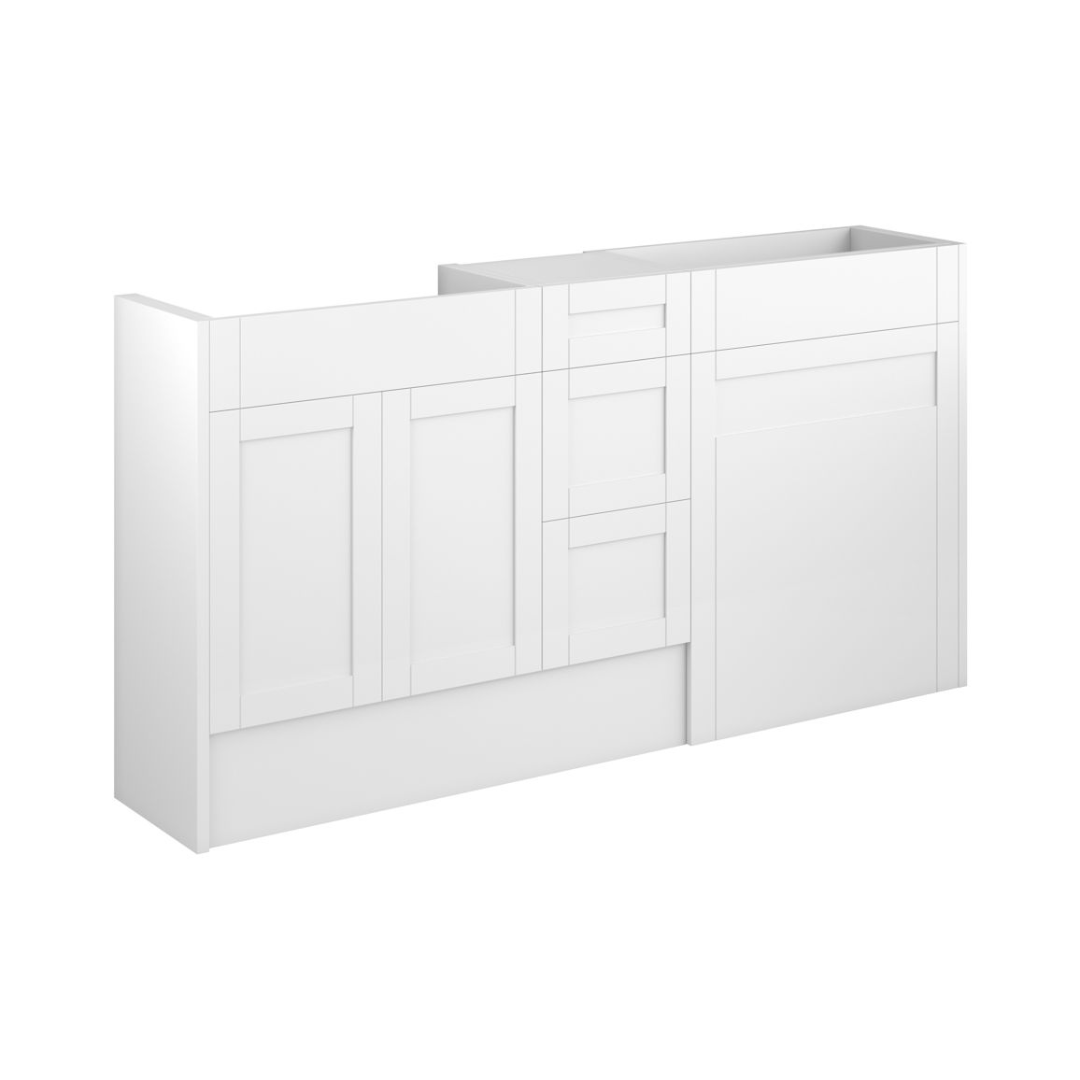 Matt white bathroom vanity basin unit with three drawers and cabinet doors