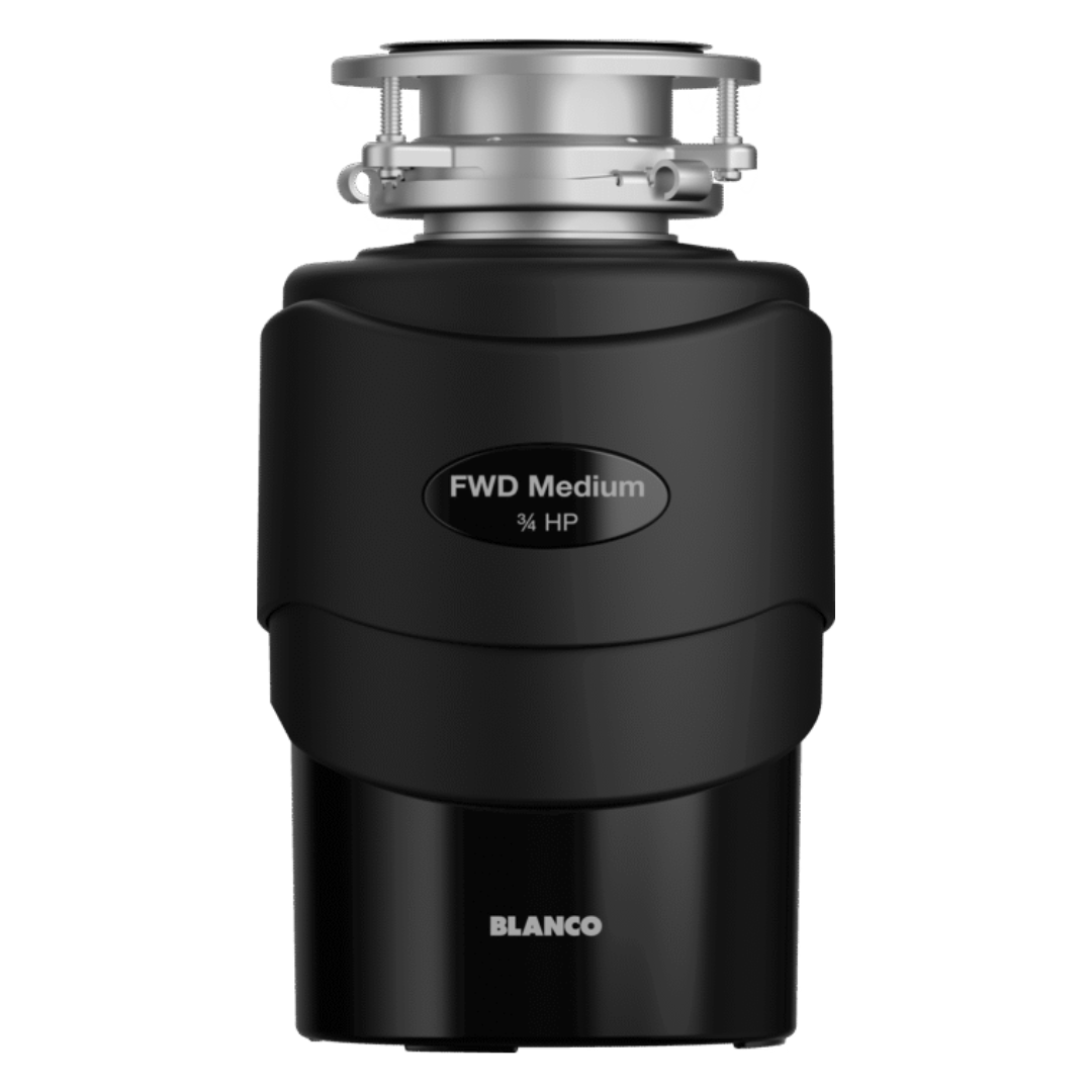 Black Blanco FWD Medium waste disposal unit with top mounting and control label