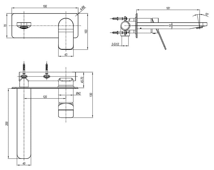 Wall-mounted basin mixer technical diagram showing two-hole mounting and spout