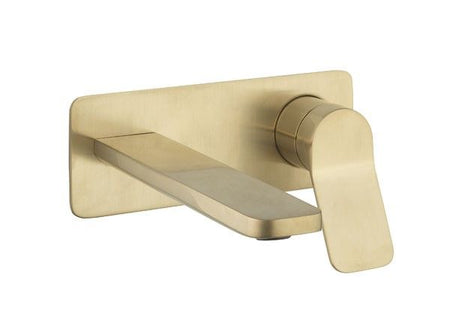 Brushed brass wall-mounted basin mixer with long spout and lever handle