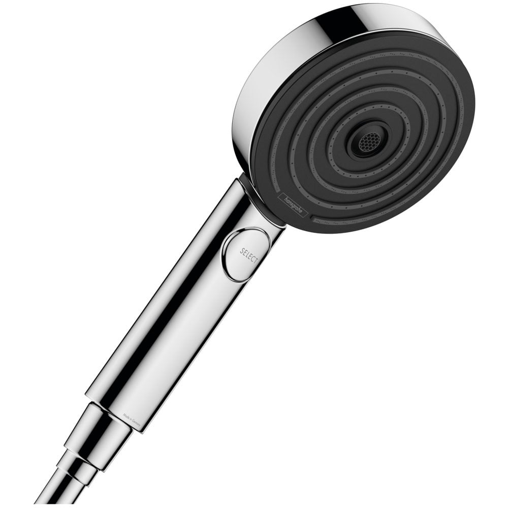 Chrome handheld showerhead with round spray face and ergonomic handle