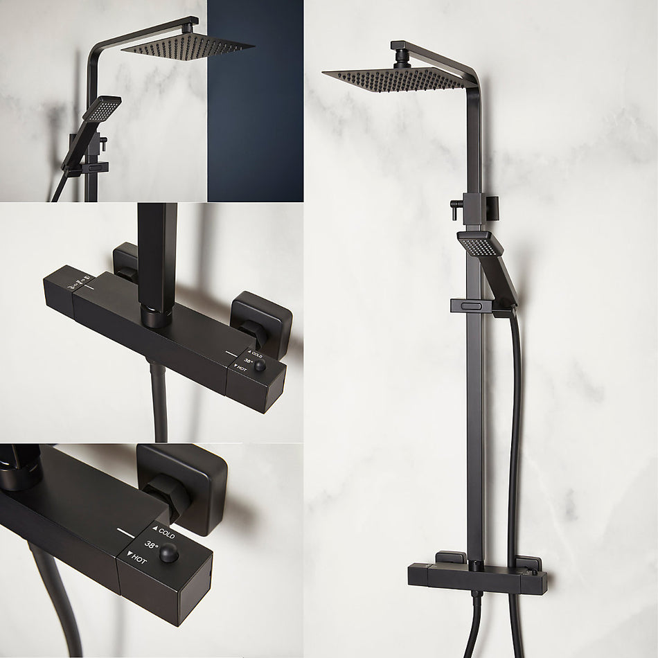 Thermostatic matt black shower mixer with square rain head and handheld shower set