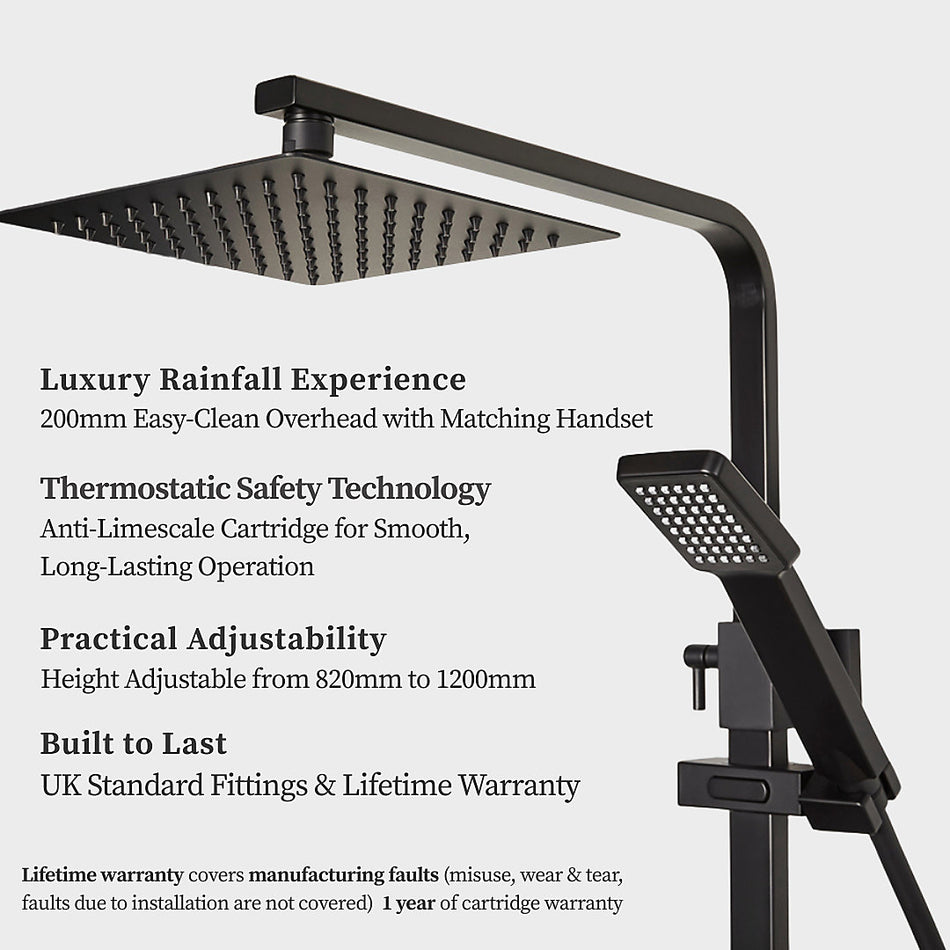Matt black thermostatic shower mixer with overhead rain head and dual outlet controls