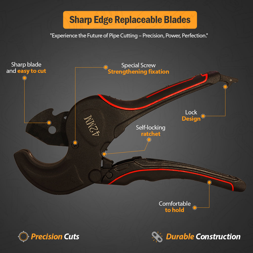 Pipe cutter with replaceable sharp blade and self-locking ratchet, durable cutting body