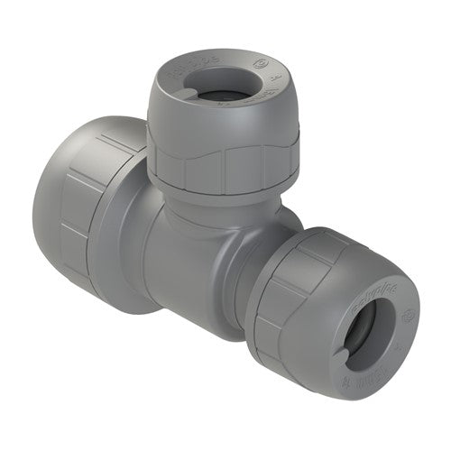 22mm x 15mm x 15mm tee push-fit fitting, grey with push-fit ports