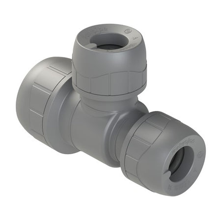 22mm x 15mm x 15mm tee push-fit fitting, grey with push-fit ports