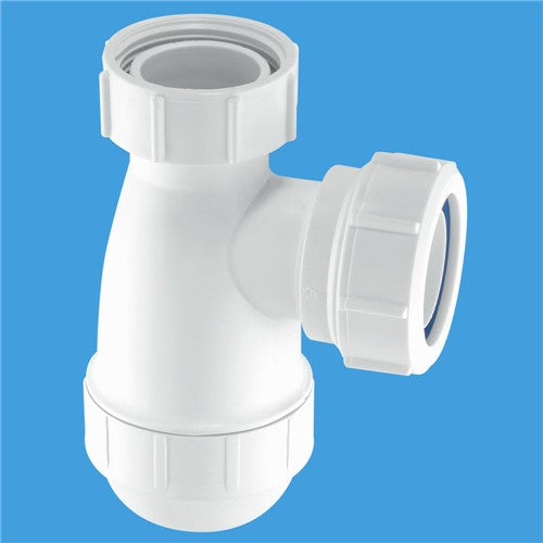 White plastic bottle trap fitting with 38mm seal and 1.5 inch connector
