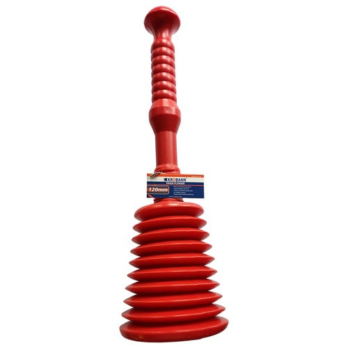 Red 120mm drain plunger with ribbed suction cup and long handle
