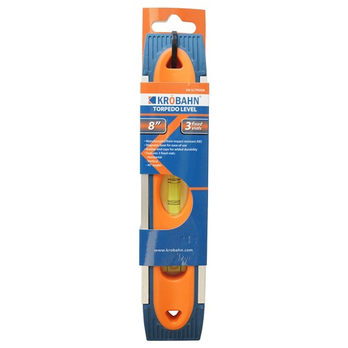 Orange and blue torpedo spirit level in retail package