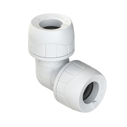 22mm polybutylene elbow fitting, white quick-fit joint with push-in ends