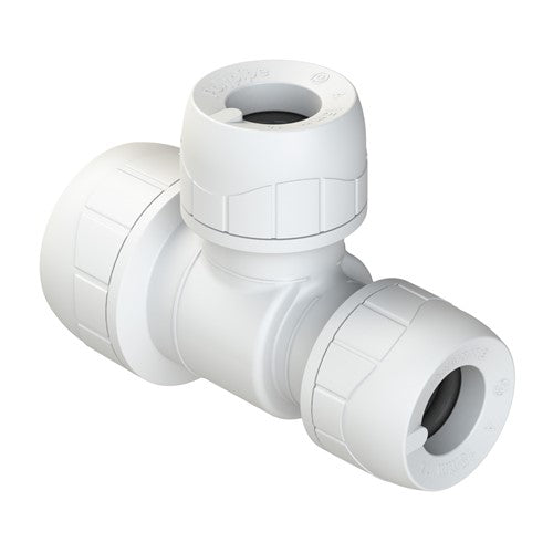 22mm x 15mm x 15mm tee push-fit fitting, white with push-fit ports