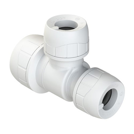 22mm x 15mm x 15mm tee push-fit fitting, white with push-fit ports