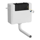 Concealed cistern flush mechanism with dual-flush button and side inlet pipe, white casing