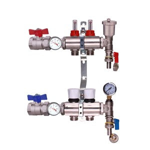 Keyplumb UFH manifold with gauges, red/blue valves, and multi-port manifold bar