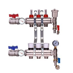 Keyplumb UFH manifold front view with two gauges, red port heads, and outlet fittings