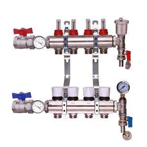 Keyplumb UFH manifold angled view showing red and blue control valves and gauges