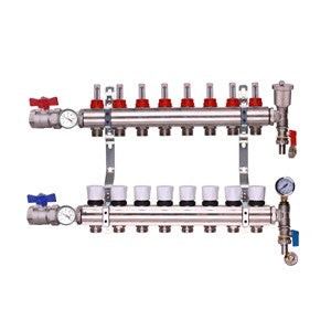 Keyplumb UFH manifold side view showing red port heads, white caps, and control valves