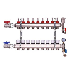 Keyplumb UFH manifold front side view with two gauges, multiple ports, and bracket frame