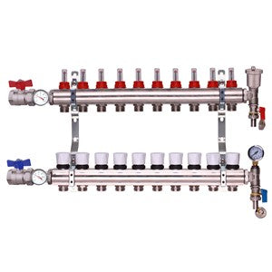 Keyplumb UFH manifold side view with red port bar, white outlet caps, and right gauge