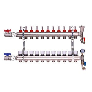 Keyplumb UFH manifold close side view showing red port heads, gauges, and outlet fittings