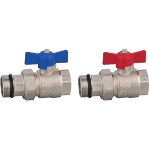 1-inch isolation ball valve pair with blue and red handles, metal body, no temperature gauge