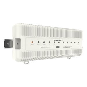 Heatmiser UH8 8-zone wiring centre, white control box with ports and labels