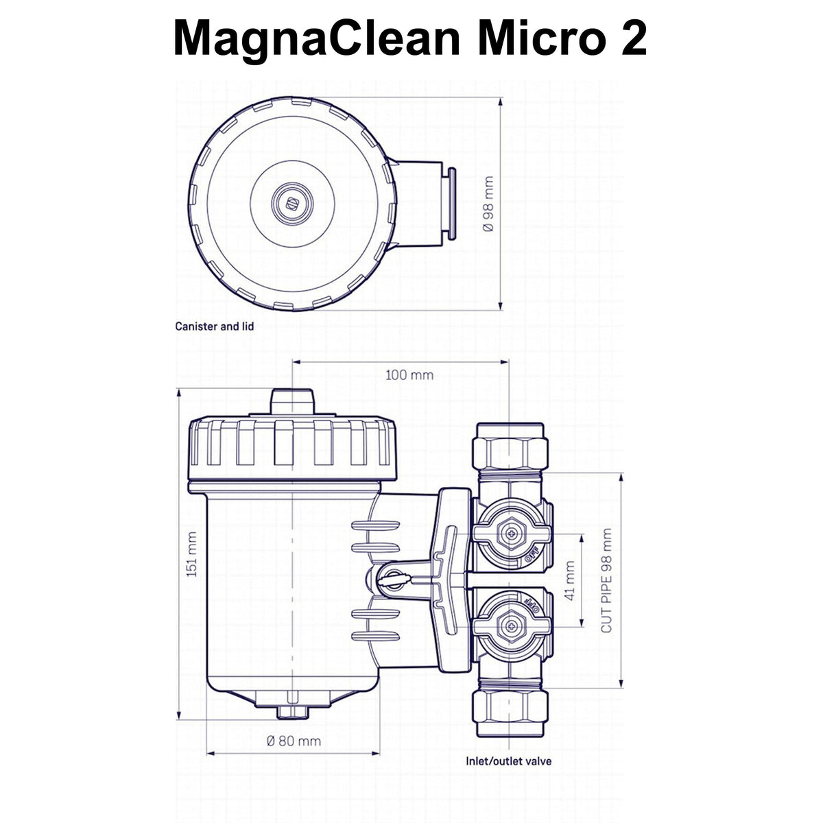 MagnaClean Micro 2 dimension diagram with canister, valves, and inlet/outlet measurements