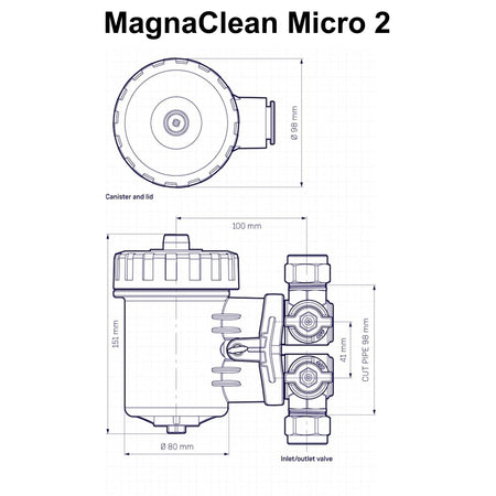 MagnaClean Micro 2 dimension diagram with canister, valves, and inlet/outlet measurements