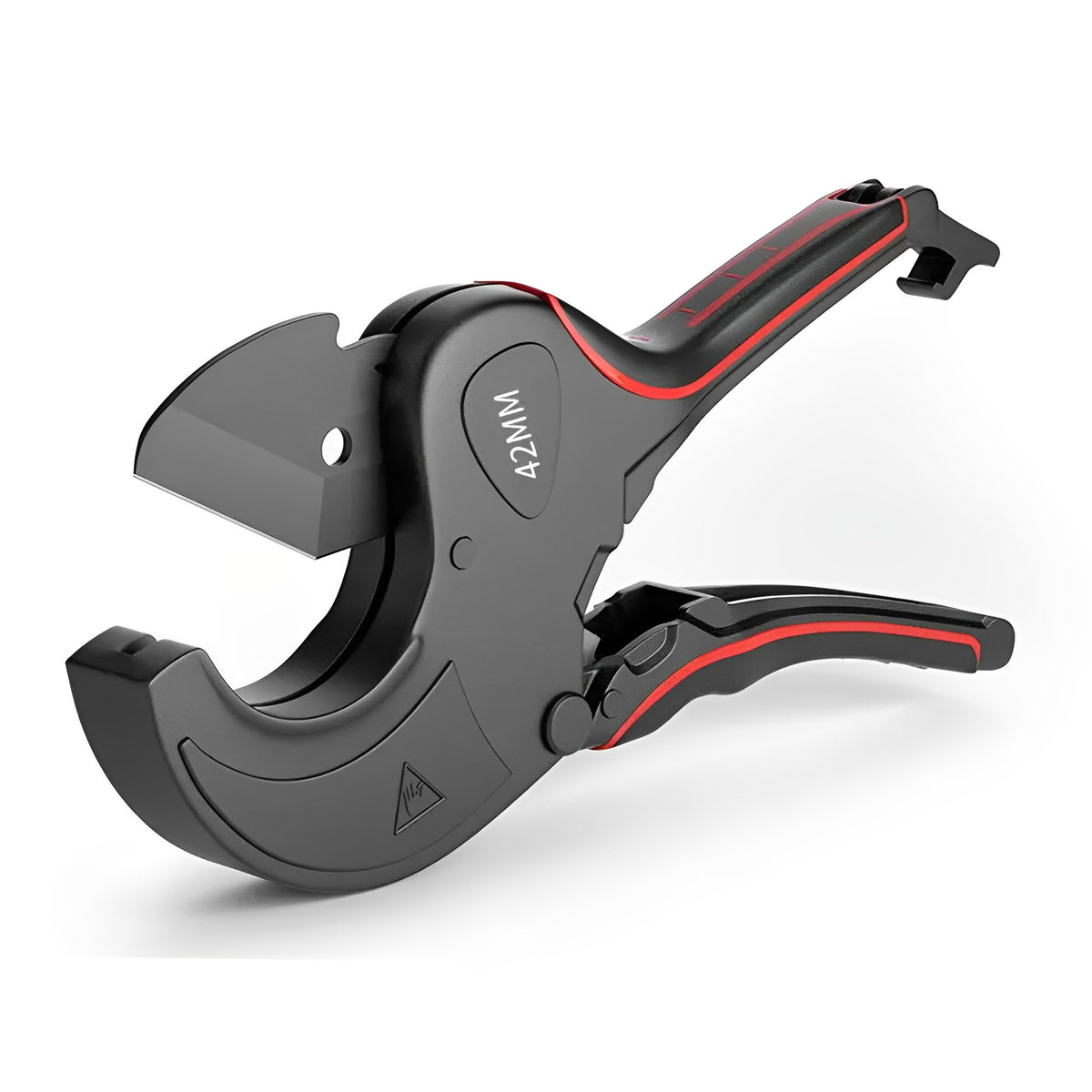 Plastic pipe cutter with black handle and red accents, curved blade for PEX/PVC/PPR