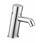 Chrome push-button basin tap with curved spout and slim cylindrical body