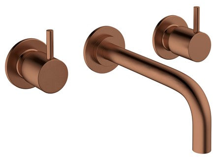 Brushed bronze wall-mounted basin mixer with twin lever handles and curved spout