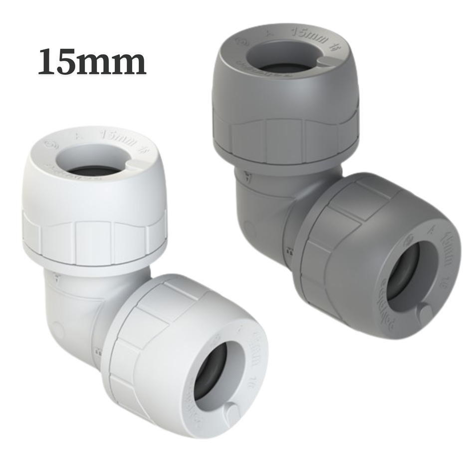 15mm quick-fit elbow plumbing fitting, white and grey, two push-fit ends