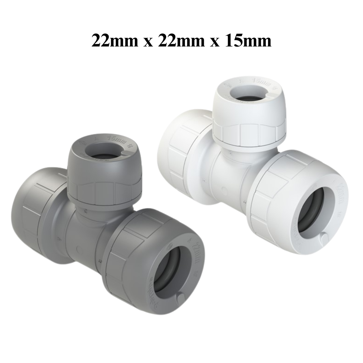 Grey tee push-fit plumbing fitting, 22mm x 22mm x 15mm, three-way connector