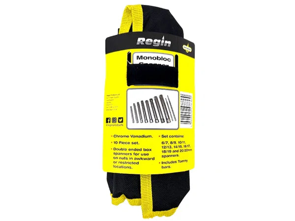 Regin 10-piece monobloc spanner set retail pack on hanging card